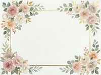 Vintage floral frame with roses, peonies, and greenery in soft pink, cream, and gold tones on white background for invitations and designs.