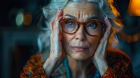 Elegant senior woman with gray hair and glasses in dramatic lighting, touching face with hands. Authentic portrait showing natural aging and confidence.