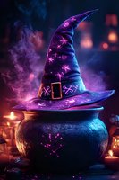 Magical witch hat with glowing stars atop mystical cauldron surrounded by flickering candles and purple smoke in dark atmospheric setting.