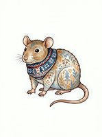 Cute mouse wearing decorative sweater and patterned blanket, isolated on white background. Suitable for children's books, nursery decor, apparel design.