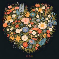 Heart-shaped floral arrangement with coral, blue and white wildflowers on dark background. Delicate botanical composition with daisies, cosmos and forget-me-nots.