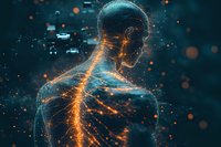 Digital human silhouette with glowing nervous system on dark background, representing artificial intelligence, neural networks, and futuristic medical technology.