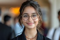 Young South Asian businesswoman with glasses and warm smile wearing professional attire in office environment. Natural lighting highlights confident expression.