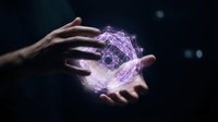 Hands holding glowing purple geometric sphere with digital network connections on dark background for technology and innovation concepts.