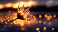 Glowing dandelion seed head silhouetted against sunset sky with golden bokeh lights creating magical atmosphere. Nature macro photography with dreamy effect.