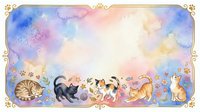 Watercolor cats border frame with pastel sky background, playful kittens, floral accents, and copy space for text or greeting cards.