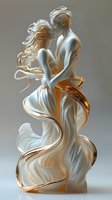 Romantic couple sculpture in white and gold flowing design. Dancing figures wrapped in swirling fabric create elegant movement against neutral background.