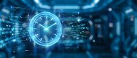 Futuristic digital clock hologram with glowing blue light effects and data streams in high-tech cyber environment for time management concepts.