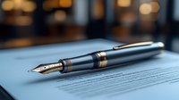 Luxury fountain pen with gold accents resting on business document against blurred office background, emphasizing professional writing and executive style.