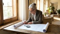 Mature Caucasian businessman in glasses reviewing architectural blueprints at wooden desk near window in bright office interior for construction planning.