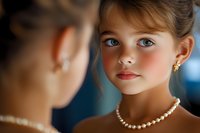 Young girl with pearl necklace and earrings looking at reflection in mirror, soft natural lighting creates gentle mood, rosy cheeks and blue eyes stand out against blurred background.