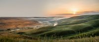 Rolling green hills and golden valleys at sunrise with warm sunlight creating peaceful countryside landscape for nature and travel content.