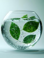 Fresh green leaves floating in round glass bowl with crystal clear water and rising air bubbles against light background, creating pure spa atmosphere.