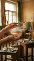 Hands holding glowing energy swirl in artist studio with easels and paintbrushes. Creative inspiration and artistic magic concept for design projects.