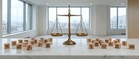 Modern law office with golden scales of justice and wooden blocks on white desk overlooking city skyline through large windows for legal services.