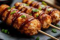 Grilled chicken meatballs on wooden skewers drizzled with teriyaki sauce and garnished with fresh chopped green onions, served on dark slate plate.