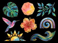 Watercolor tropical clipart set with monstera leaf, hibiscus, hummingbird, wave, sun, and rainbow, isolated on transparent background, ready for stickers and print on demand.