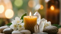 Spa wellness scene with burning beeswax candle, white jasmine flowers, smooth stones and crystals creating peaceful meditation atmosphere for relaxation.