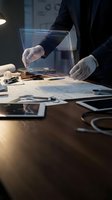 Engineer or architect in formal business attire wearing white gloves manipulates holographic digital interface above blueprints and design documents on workspace desk.