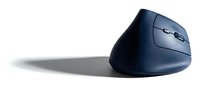 Ergonomic vertical wireless computer mouse in dark navy blue on white background, designed for comfortable hand posture and reduced wrist strain.