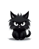 Grumpy black cat with angry expression and fluffy fur sitting isolated on white background. Cartoon character for stickers, children books and Halloween designs.