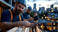 Construction workers checking smartphones at dusk on building site, urban skyline background with city lights, bearded man in hard hat and overalls.