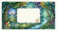 Enchanted forest frame with magical trees, mushrooms and fairy tale elements creating mystical border for text or design projects.