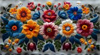 Vibrant floral folk art arrangement with colorful clay flowers in orange, blue, and burgundy on rustic wood background, featuring dimensional handcrafted blooms.