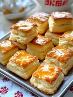 Golden flaky puff pastry squares with glossy glazed tops arranged on baking tray, freshly baked homemade pastries for breakfast or dessert recipes.