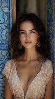 Young Mediterranean woman with long dark wavy hair wearing floral dress and ornate earrings poses against decorative blue tile background in natural sunlight.