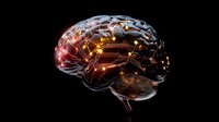 Glowing neural network visualization in human brain shape with orange light paths and connections on black background showing artificial intelligence concept.
