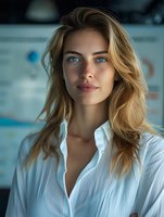 Young woman with blonde hair and blue eyes wearing white shirt poses naturally in soft lighting, creating atmospheric portrait with gentle expression.