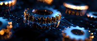 Glowing digital network rings with interconnected nodes floating in dark space, illuminated by blue light creating futuristic technology visualization.