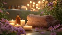 Tranquil spa setting with glowing candles, essential oil bottle, soft towels and purple flowers creating serene atmosphere for wellness and relaxation background.