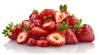 Fresh ripe strawberries whole and halved with green leaves arranged in pile on white background with reflection, isolated healthy fruit composition.