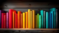 Colorful books arranged in rainbow spectrum order on wooden shelf, spines creating gradient pattern from red through yellow to blue and turquoise, dramatic lighting.