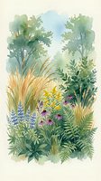 Watercolor wildflower meadow with lupines, coneflowers and ornamental grasses in soft green and purple tones for botanical art and nature designs.