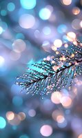 Frozen pine branch with morning dew drops glistening against blurred turquoise and pink bokeh background, creating magical winter atmosphere.