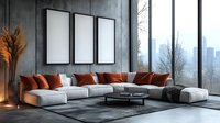 Modern living room interior with large corner sofa, blank frame mockup on concrete wall, panoramic windows overlooking city skyline, warm autumn colors.