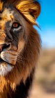 Majestic male lion portrait with golden mane against blue sky background. Close-up profile showing detailed facial features and amber eyes in natural sunlight.