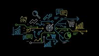 Business analytics and data visualization icons connected by circuit lines on dark background for digital marketing and financial technology solutions.