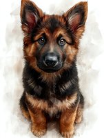Young German Shepherd puppy with brown and black fur sitting against light background, bright blue eyes and alert expression looking at camera. Digital art style.