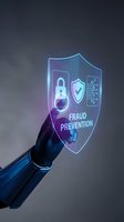 Businessman hand touching glowing fraud prevention shield with security icons and digital interface for cybersecurity and data protection concepts.