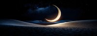 Panoramic desert landscape at night with large crescent moon illuminating rolling sand dunes against starry dark blue sky, creating dramatic shadows and light.