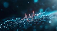 Glowing financial chart line graph with network connections on dark background with blue bokeh lights and data visualization elements.