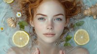 Young woman with red hair floating in water with lemon slices, mint leaves and daisies creating dreamy spa composition. Natural beauty skincare concept.