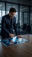 Young male professional of European descent in dark pinstriped suit analyzing digital data on interactive tablet in modern office with floor-to-ceiling windows, representing business analytics and technology.