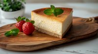 Creamy cheesecake slice on wooden board garnished with fresh strawberries and mint leaves, showcasing smooth texture and golden brown top, styled for food photography.