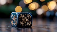 Black gaming dice with floral pattern design on blurred bokeh background with golden lights, macro photography showing intricate detail and texture.