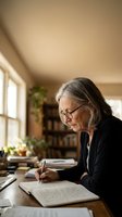 Senior Caucasian woman with gray hair and glasses writing in notebook at wooden desk by window in warm home office setting for creative work.